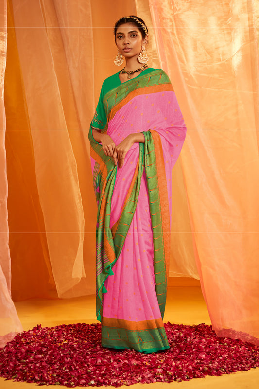 Gulaabi Pink Paithani Cotton Silk Saree with Green Pallu