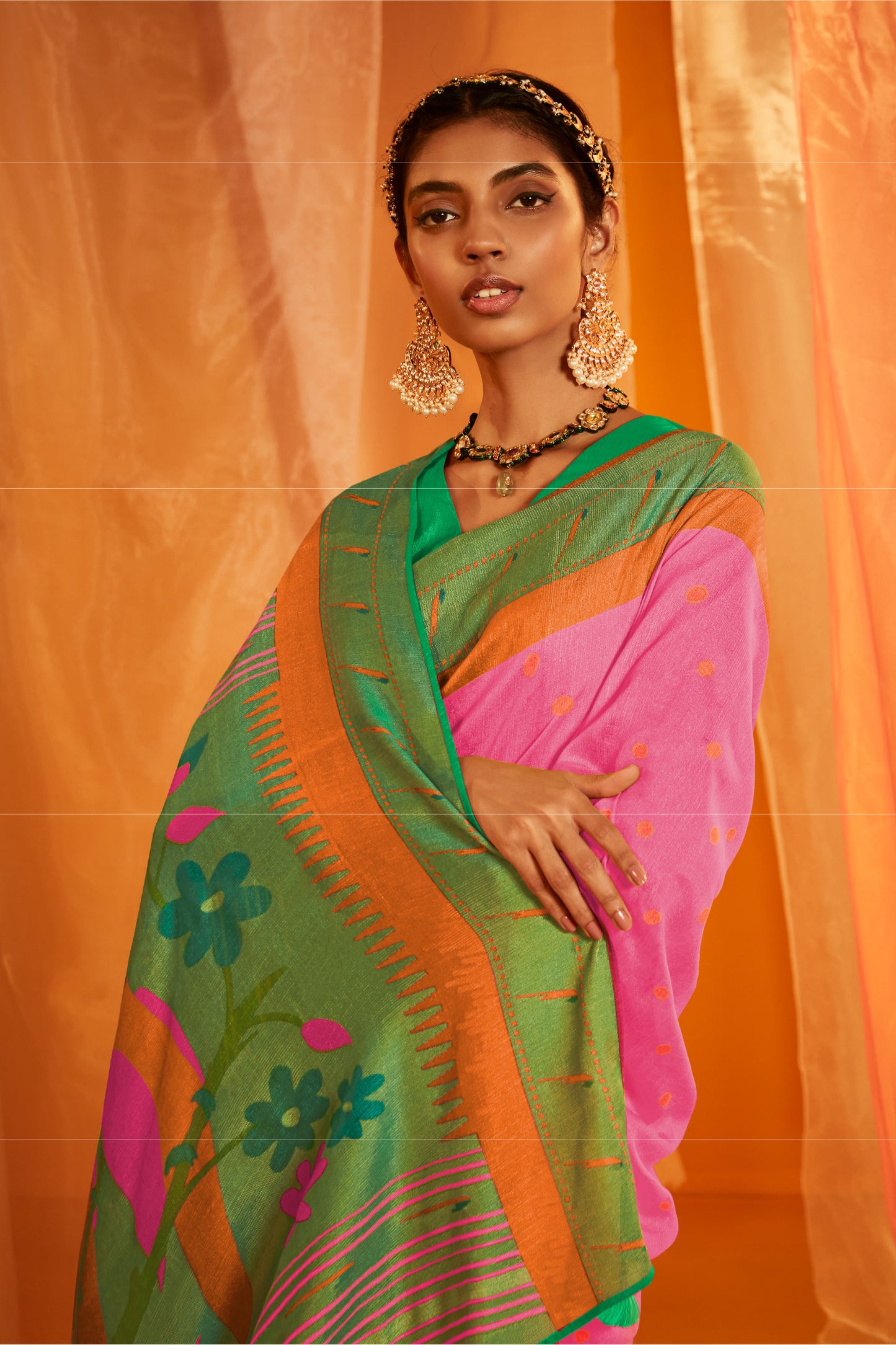 Gulaabi Pink Paithani Cotton Silk Saree with Green Pallu