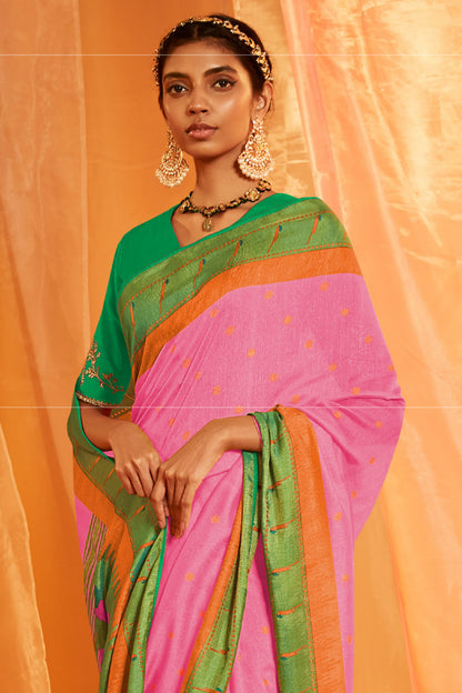 Gulaabi Pink Paithani Cotton Silk Saree with Green Pallu