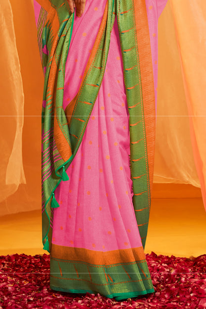 Gulaabi Pink Paithani Cotton Silk Saree with Green Pallu