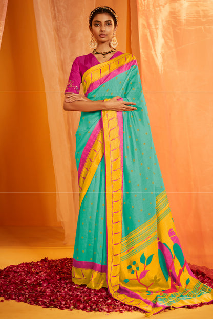 Sea Green Pastel Cotton Paithani Saree with Yellow Pallu