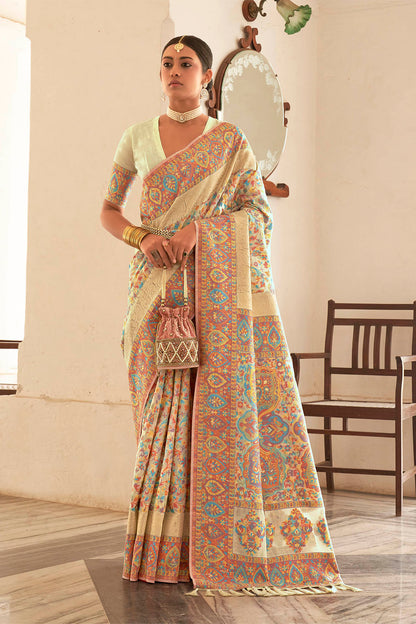 Mild Yellow Kashmiri Kani Jamawar Design Inspired Woven Soft Modal Silk Saree