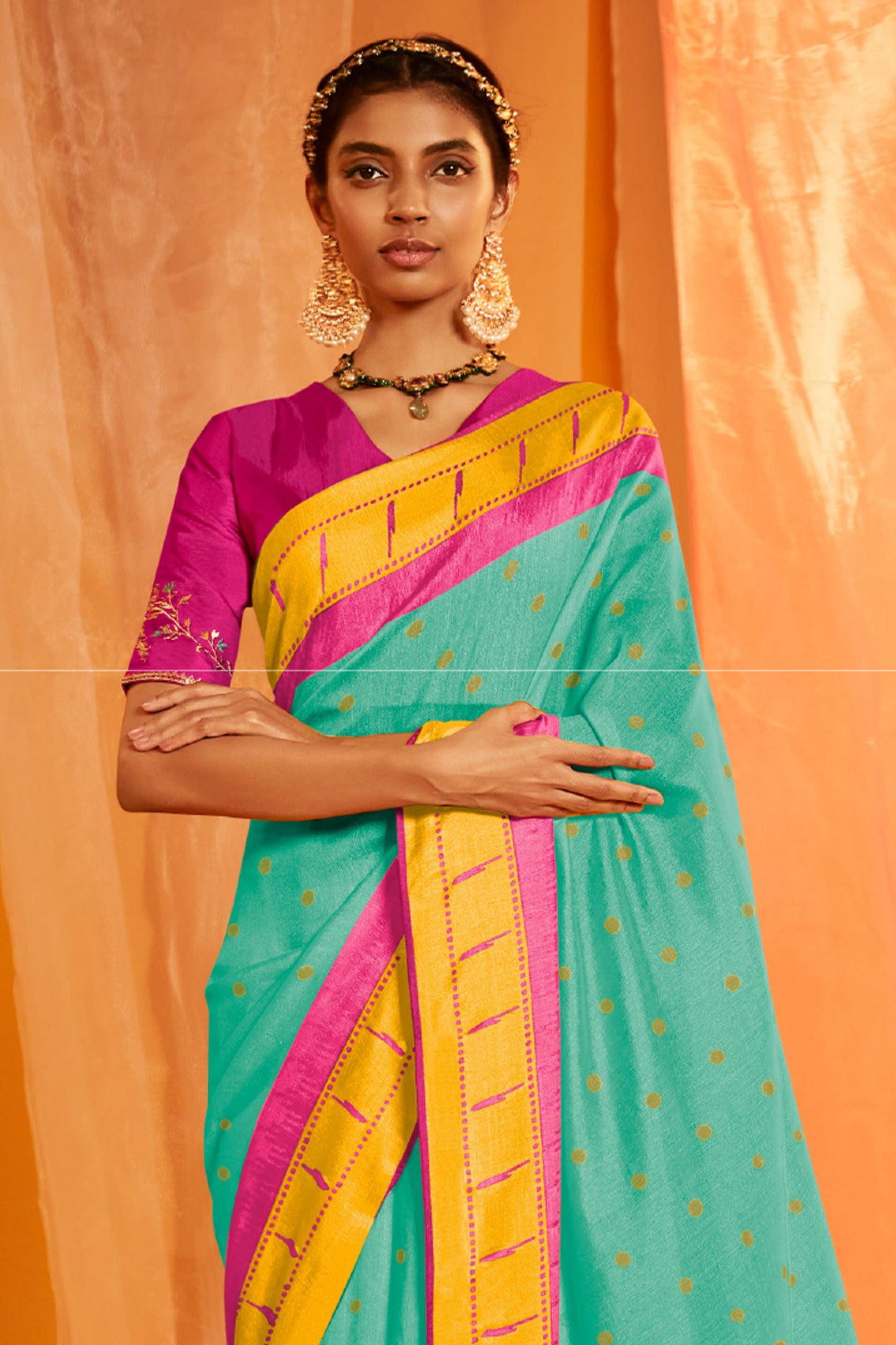 Sea Green Pastel Cotton Paithani Saree with Yellow Pallu