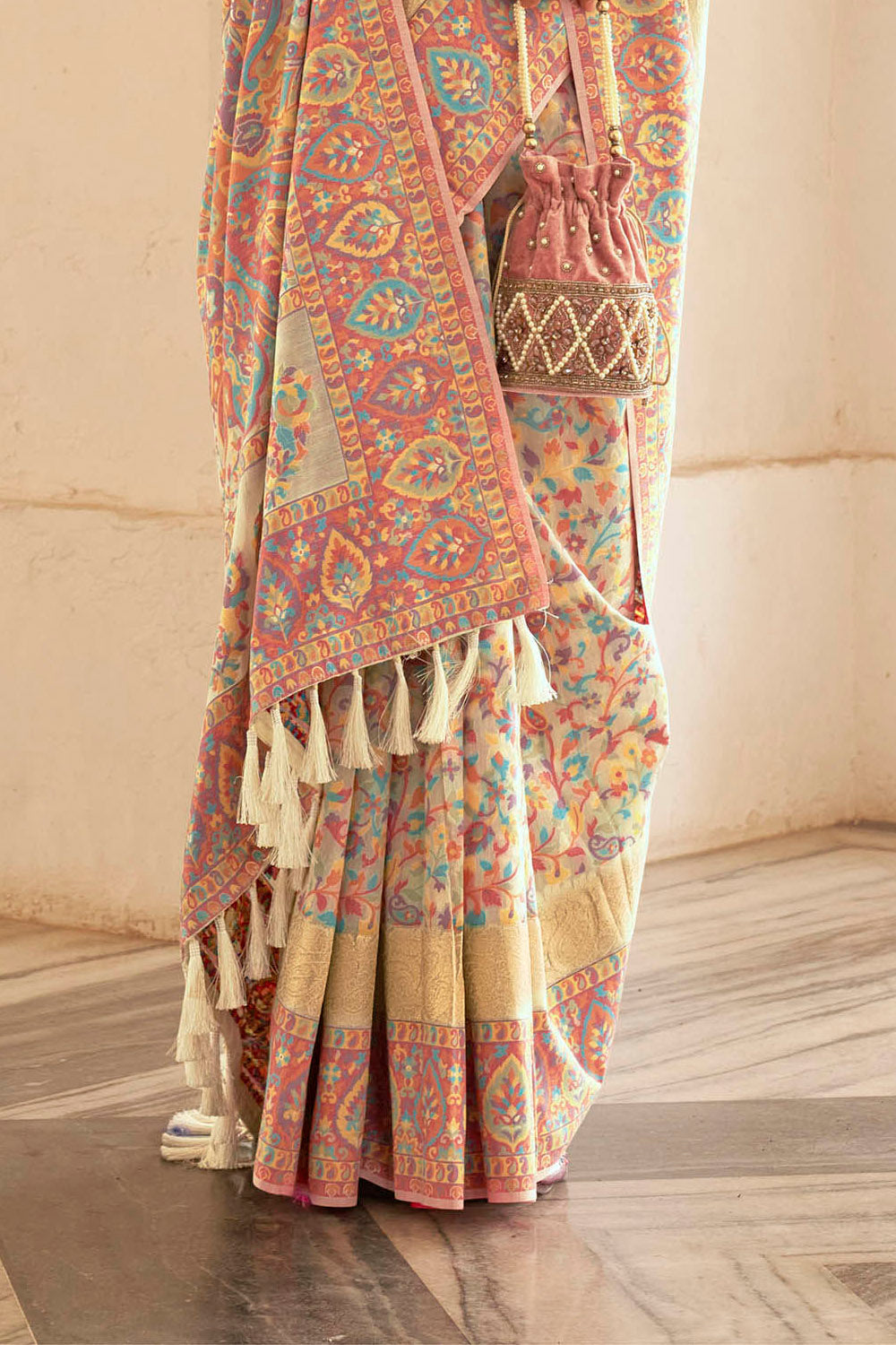 Mild Yellow Kashmiri Kani Jamawar Design Inspired Woven Soft Modal Silk Saree