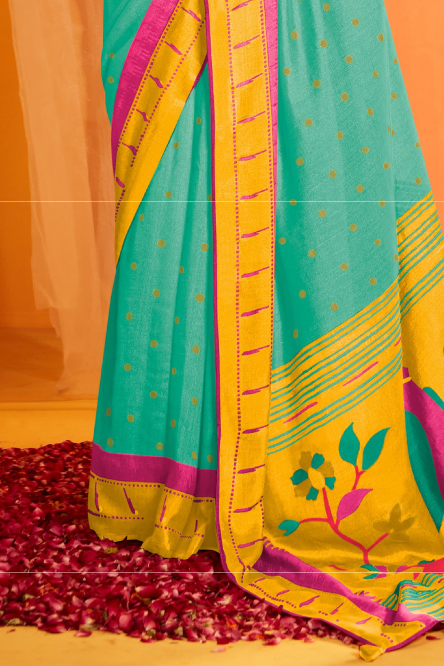 Sea Green Pastel Cotton Paithani Saree with Yellow Pallu