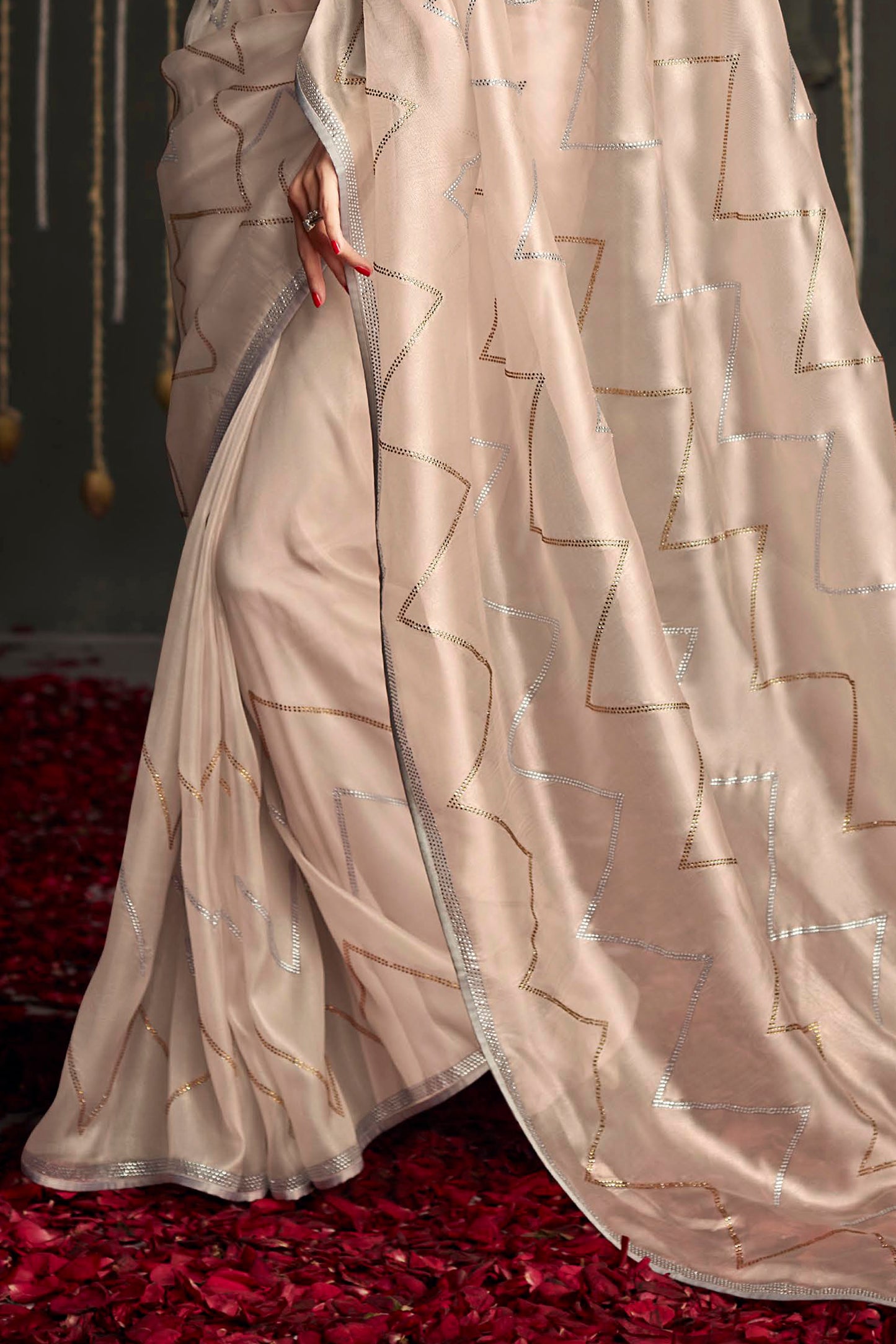 Pretty Beige Mettalic Organza Semi Sheer Saree