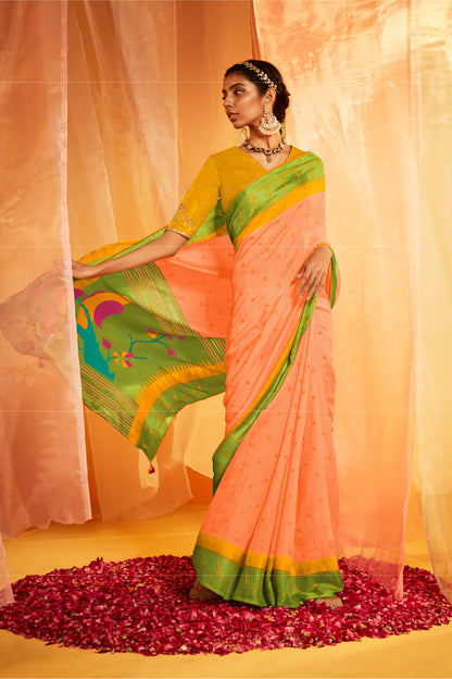 Pastel Orange Cotton Paithani Saree with Green Pallu