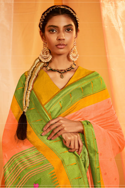 Pastel Orange Cotton Paithani Saree with Green Pallu