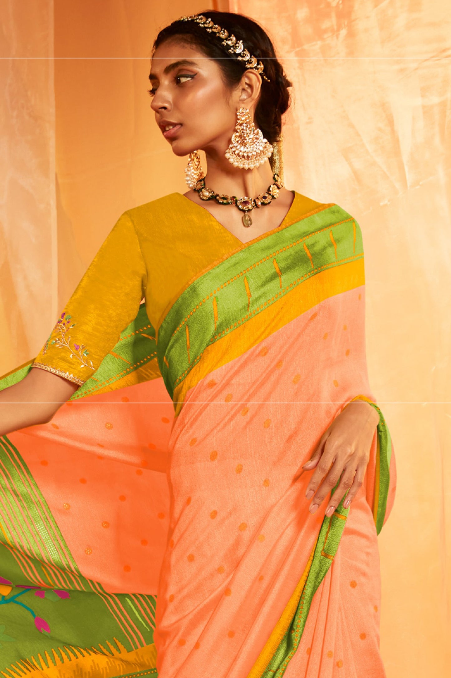 Pastel Orange Cotton Paithani Saree with Green Pallu