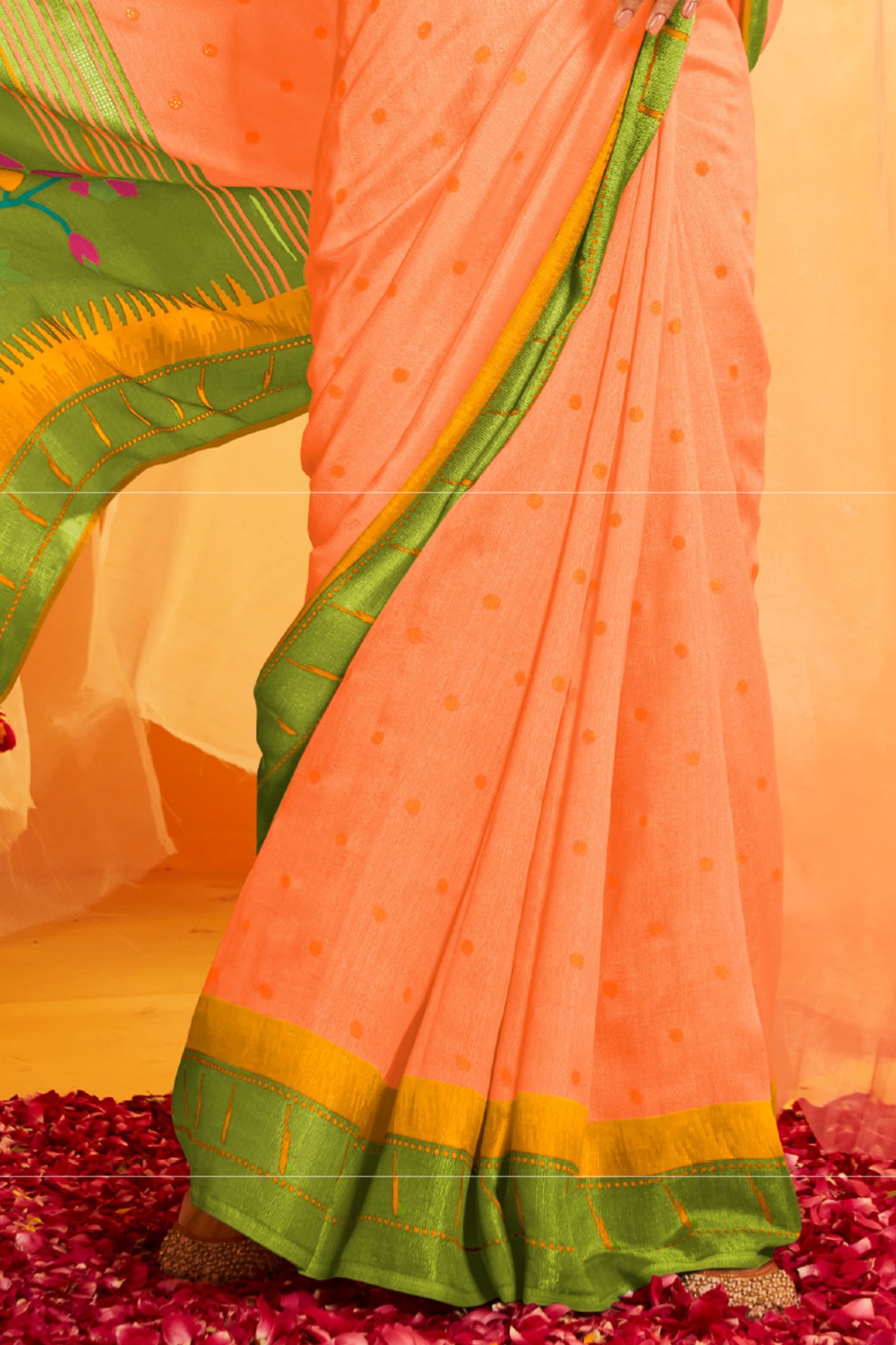 Pastel Orange Cotton Paithani Saree with Green Pallu