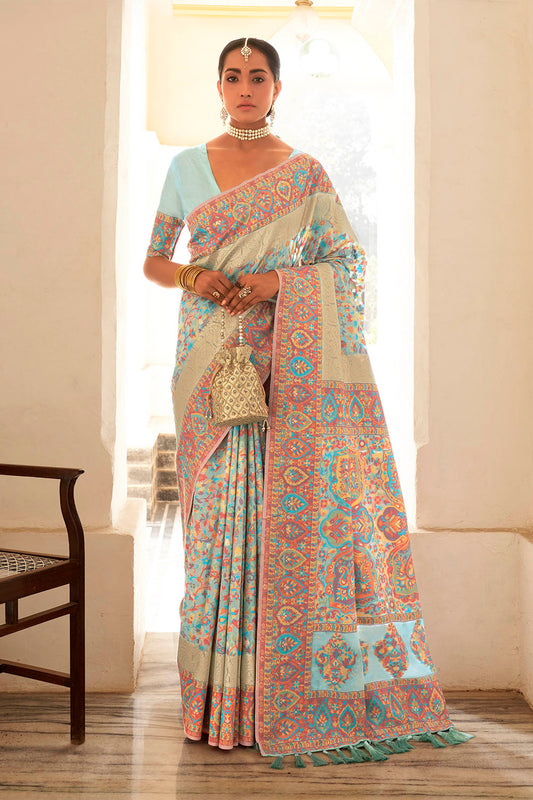 Light Sky Blue Kashmiri Kani Jamawar Design Inspired Woven Soft Modal Silk Saree