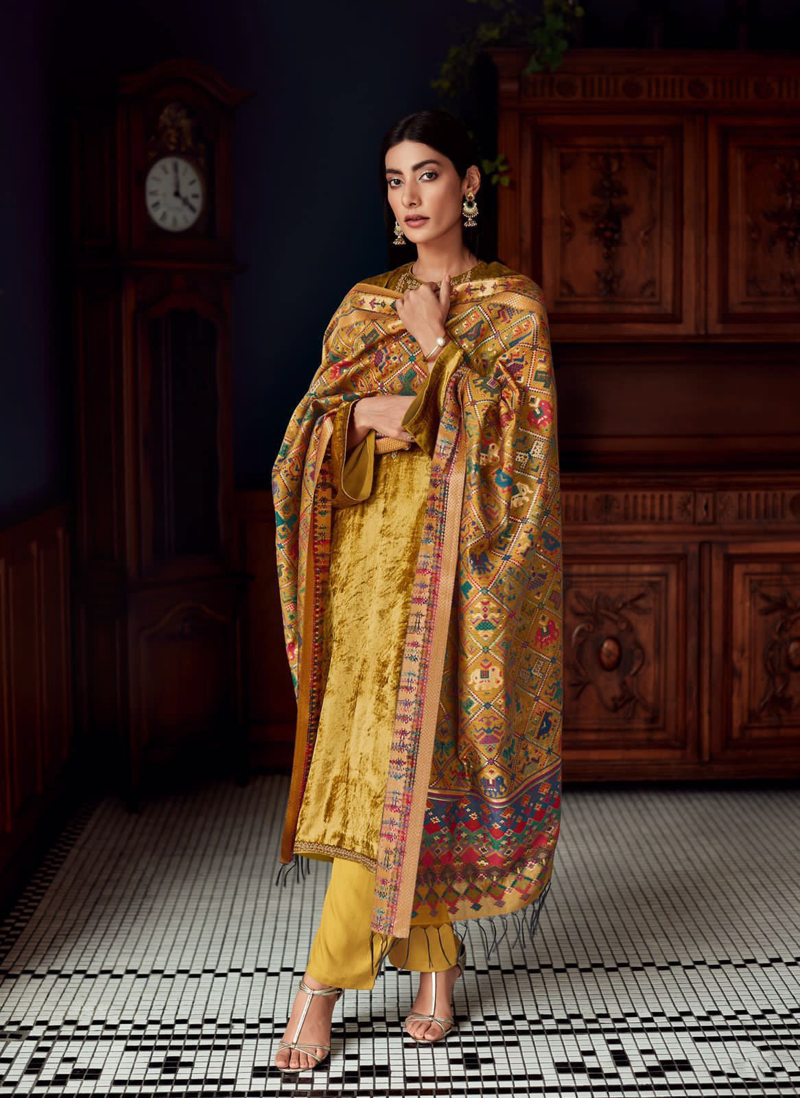 Honey Yellow Velvet Embroidered Salwar Suit with Patola Dupatta