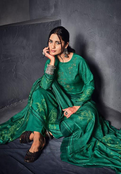 Dark Green Cotton Silk Printed Salwar Suit