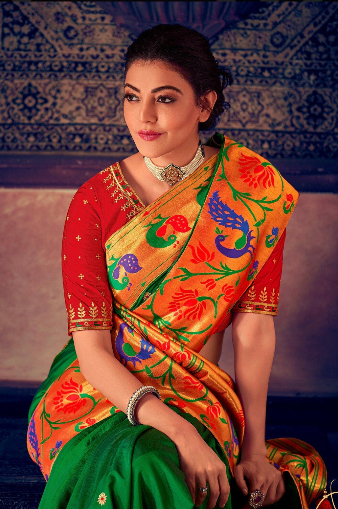 Green and Red Designer Paithani Silk Saree with Desiger Embroidered Blouse