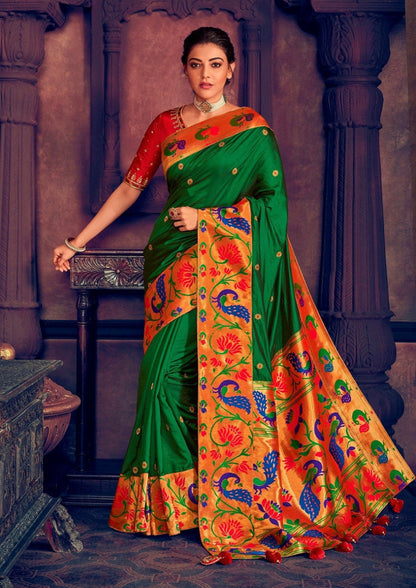 Green and Red Designer Paithani Silk Saree with Desiger Embroidered Blouse