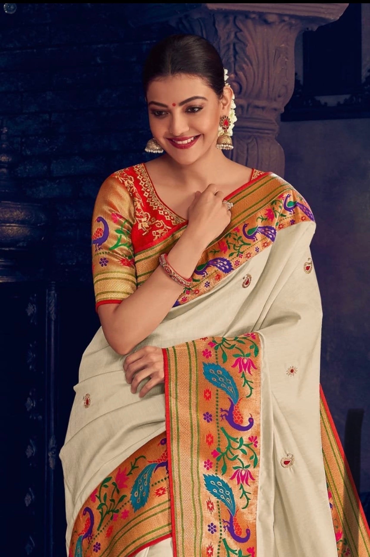 Off White Latest Designer Paithani Silk Saree with Desiger Embroidered Blouse