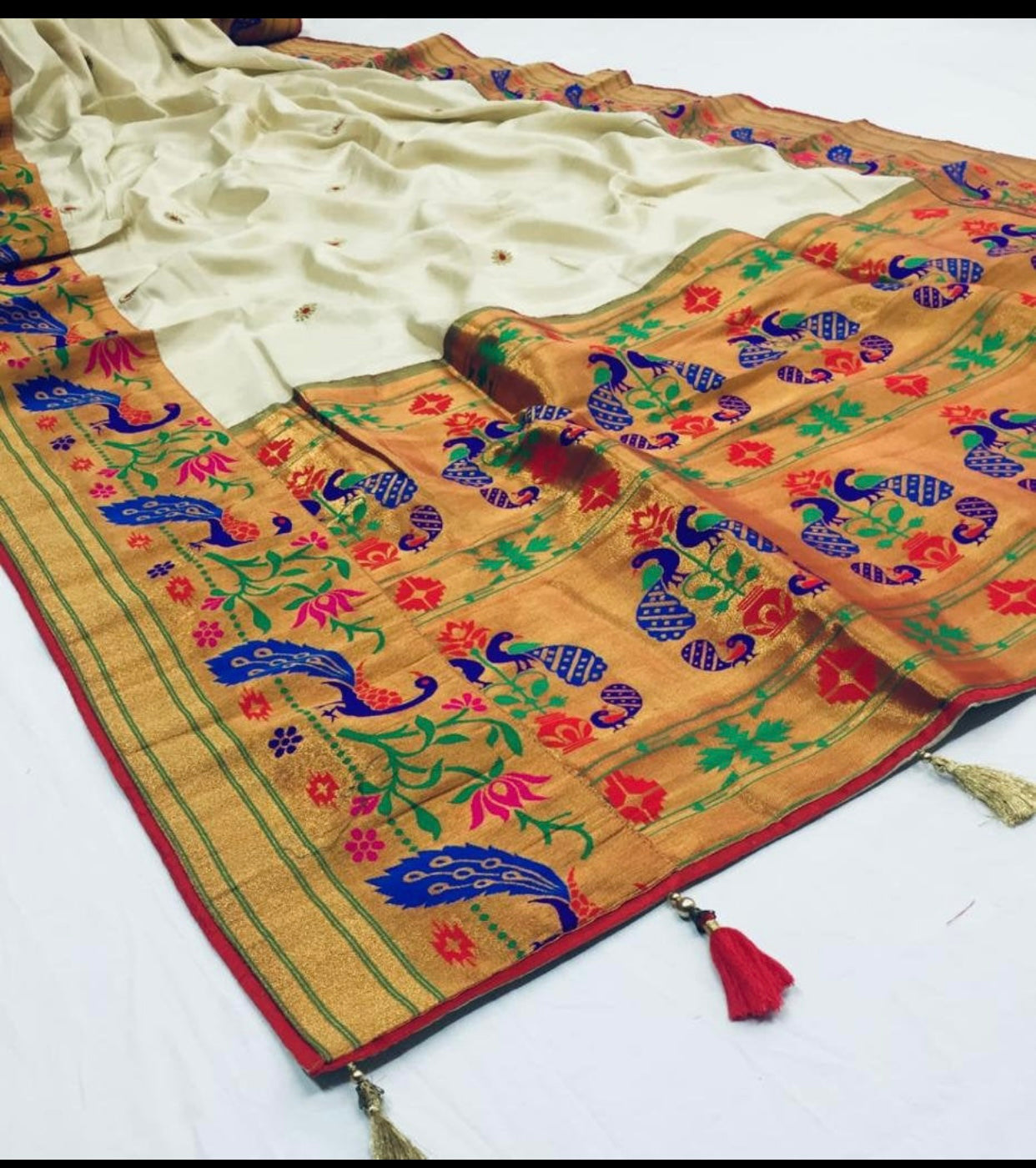 Off White Latest Designer Paithani Silk Saree with Desiger Embroidered Blouse