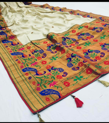 Off White Latest Designer Paithani Silk Saree with Desiger Embroidered Blouse