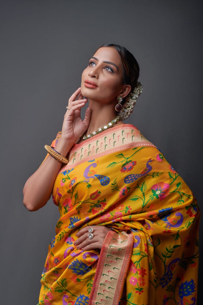 Yellow and Golden Designer Paithani Silk Saree Blouse with Zari Border for Weddings & Receptions