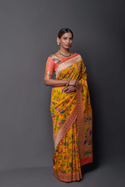 Yellow and Golden Designer Paithani Silk Saree Blouse with Zari Border for Weddings & Receptions