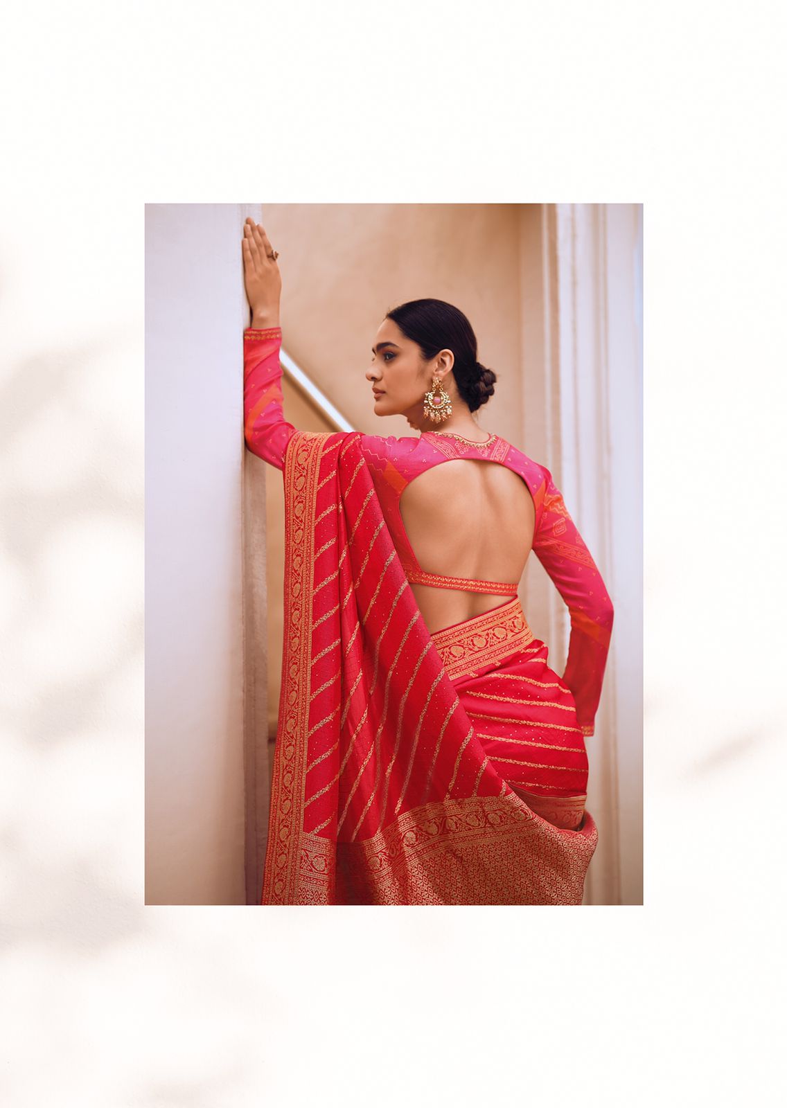 Blood Red Lehariya Style Banarasi Soft Silk Saree with Bandhani Blouse