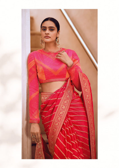 Blood Red Lehariya Style Banarasi Soft Silk Saree with Bandhani Blouse