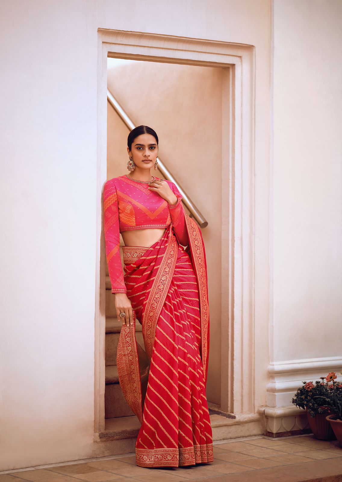 Blood Red Lehariya Style Banarasi Soft Silk Saree with Bandhani Blouse