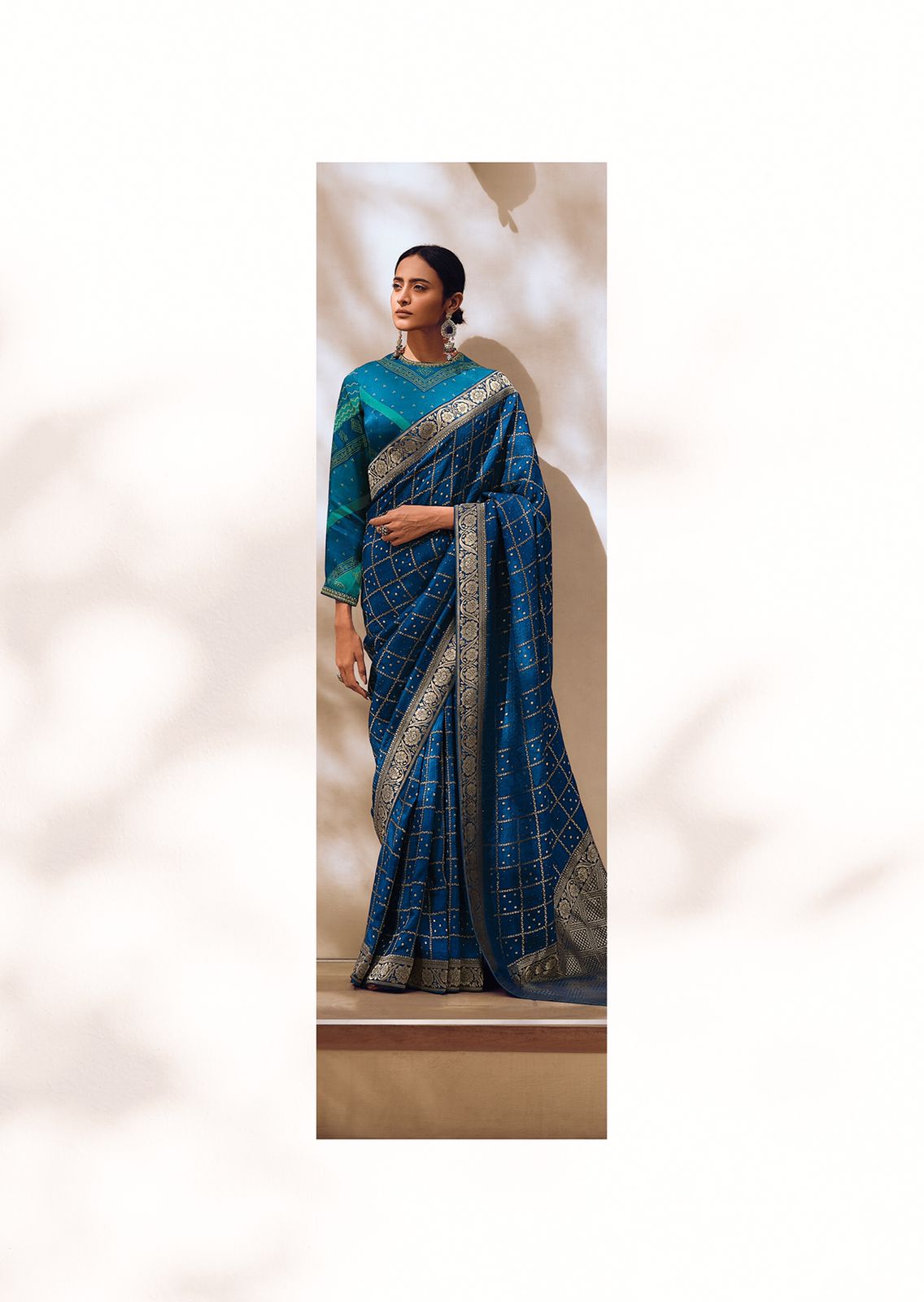 Dark Blue Lehariya Style Banarasi Soft Silk Saree with Bandhani Blouse