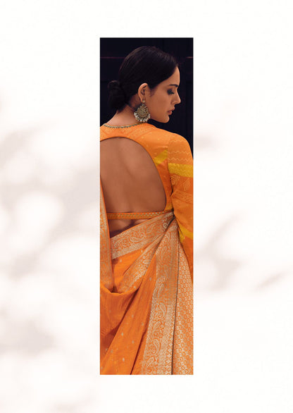 Fanta Orange Lehariya Style Banarasi Soft Silk Saree with Bandhani Blouse