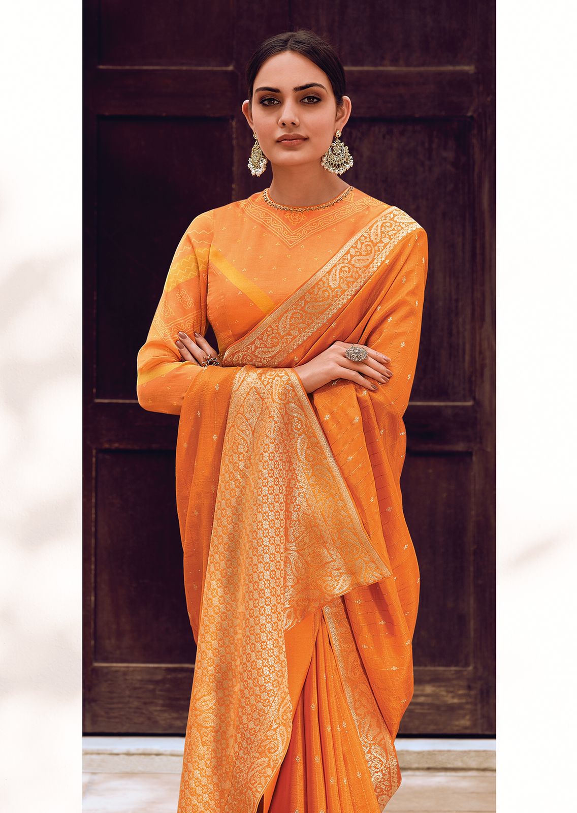 Fanta Orange Lehariya Style Banarasi Soft Silk Saree with Bandhani Blouse