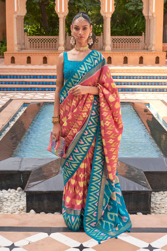 Carrot Pink Ikat Patola Design Saree with Contrast Blouse