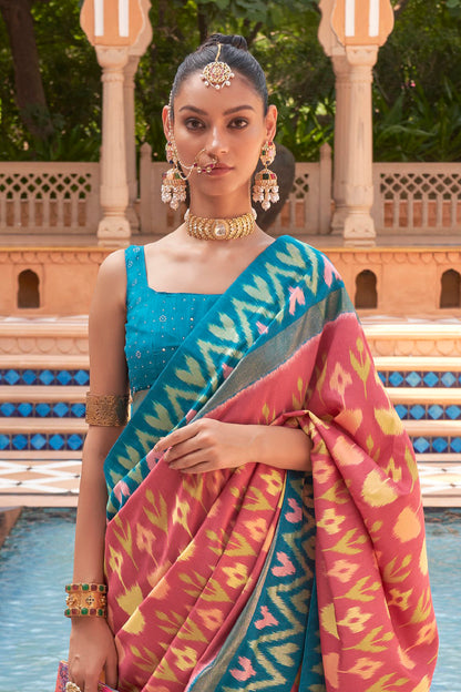 Carrot Pink Ikat Patola Design Saree with Contrast Blouse