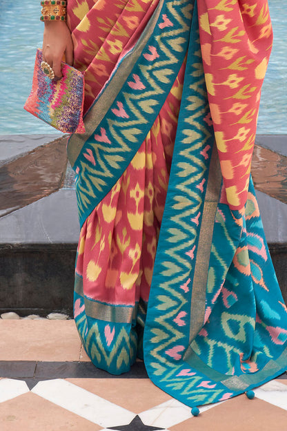 Carrot Pink Ikat Patola Design Saree with Contrast Blouse