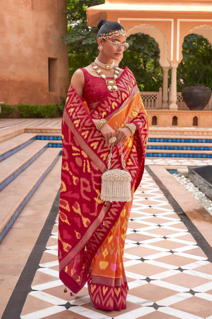 Ocher Ikat Patola Design Saree with Contrast Blouse