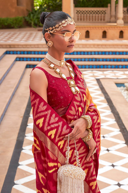 Ocher Ikat Patola Design Saree with Contrast Blouse