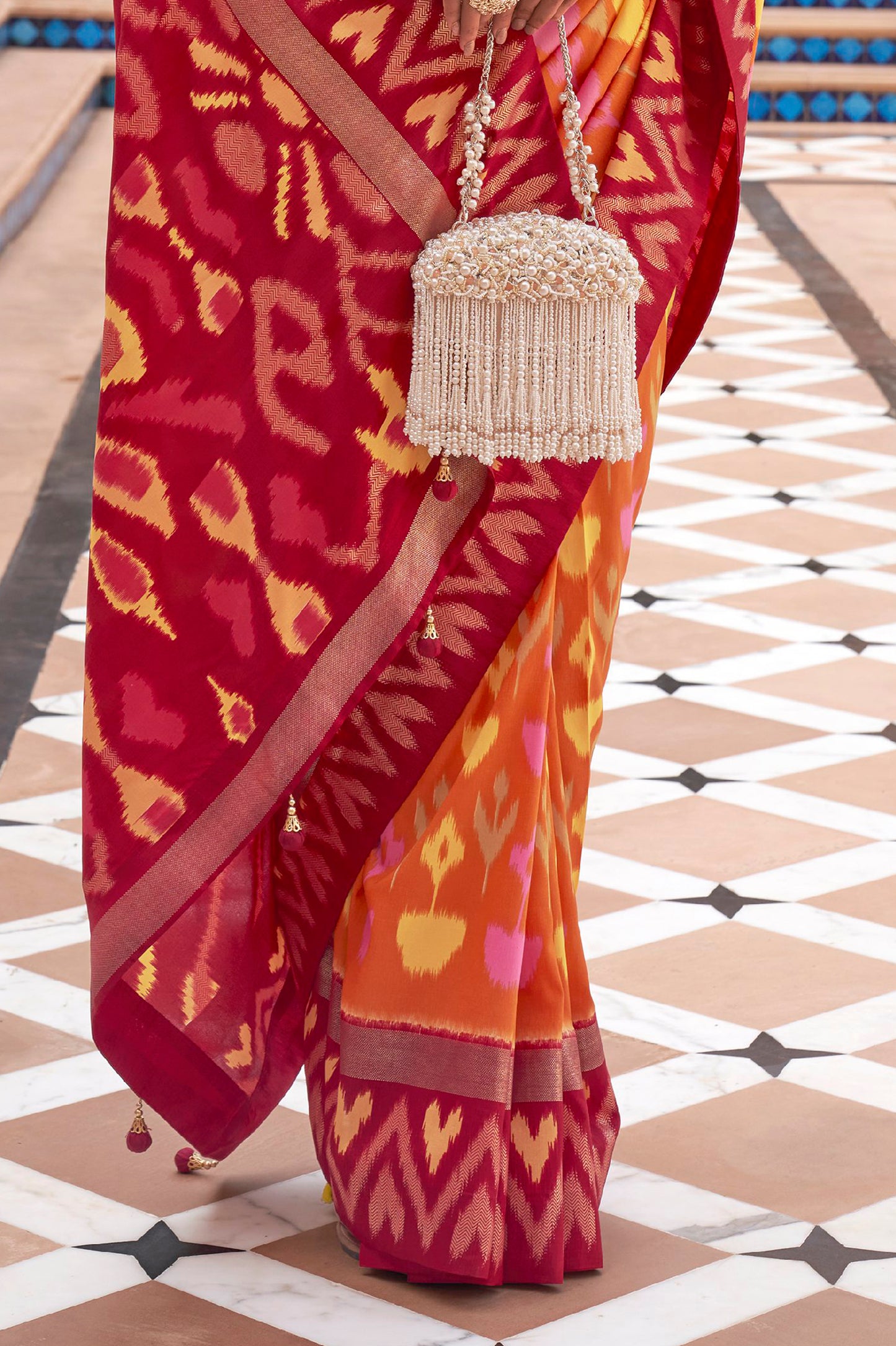 Ocher Ikat Patola Design Saree with Contrast Blouse