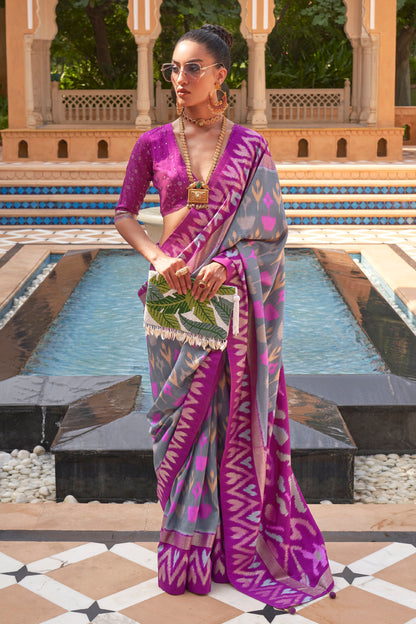 Pale Purple Ikat Patola Design Saree with Contrast Blouse