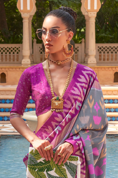 Pale Purple Ikat Patola Design Saree with Contrast Blouse