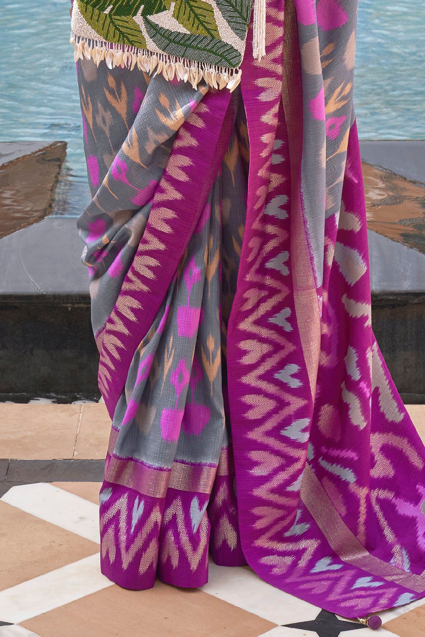 Pale Purple Ikat Patola Design Saree with Contrast Blouse