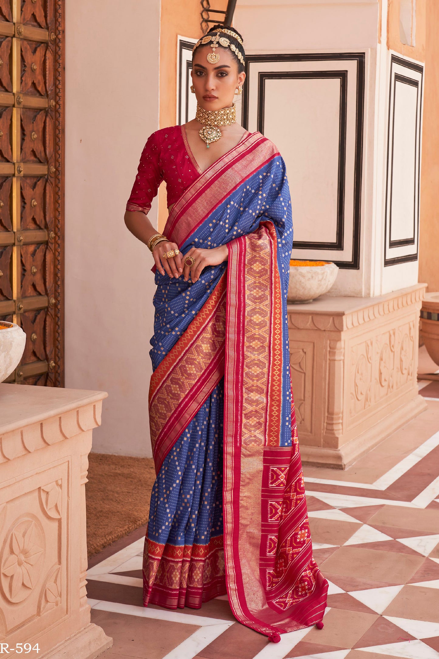 Deep Blue & Red Ikat Patola Design Saree with Contrast Blouse