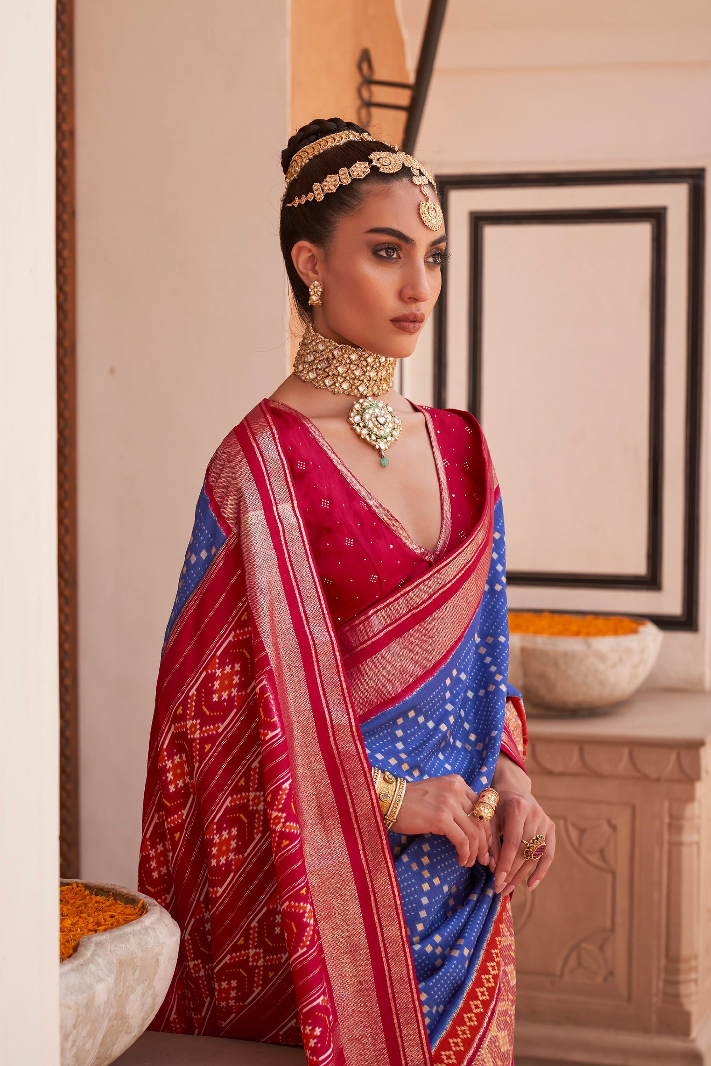 Deep Blue & Red Ikat Patola Design Saree with Contrast Blouse