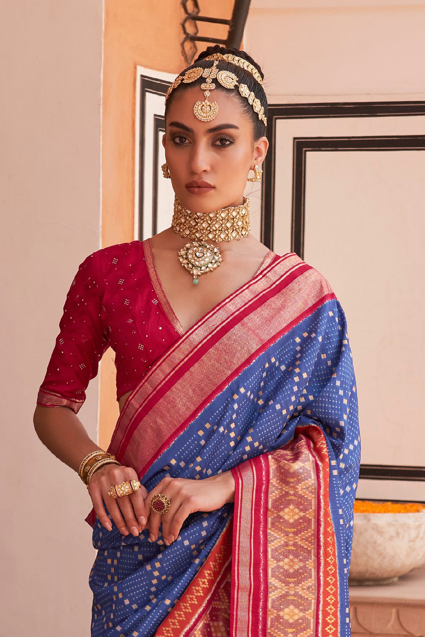 Deep Blue & Red Ikat Patola Design Saree with Contrast Blouse