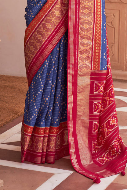 Deep Blue & Red Ikat Patola Design Saree with Contrast Blouse