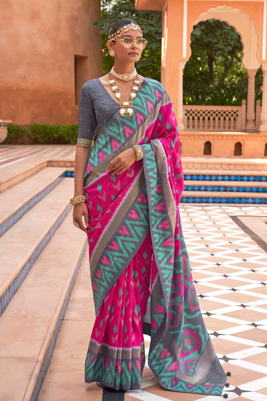 Pink & Grey Ikat Patola Design Saree with Contrast Blouse