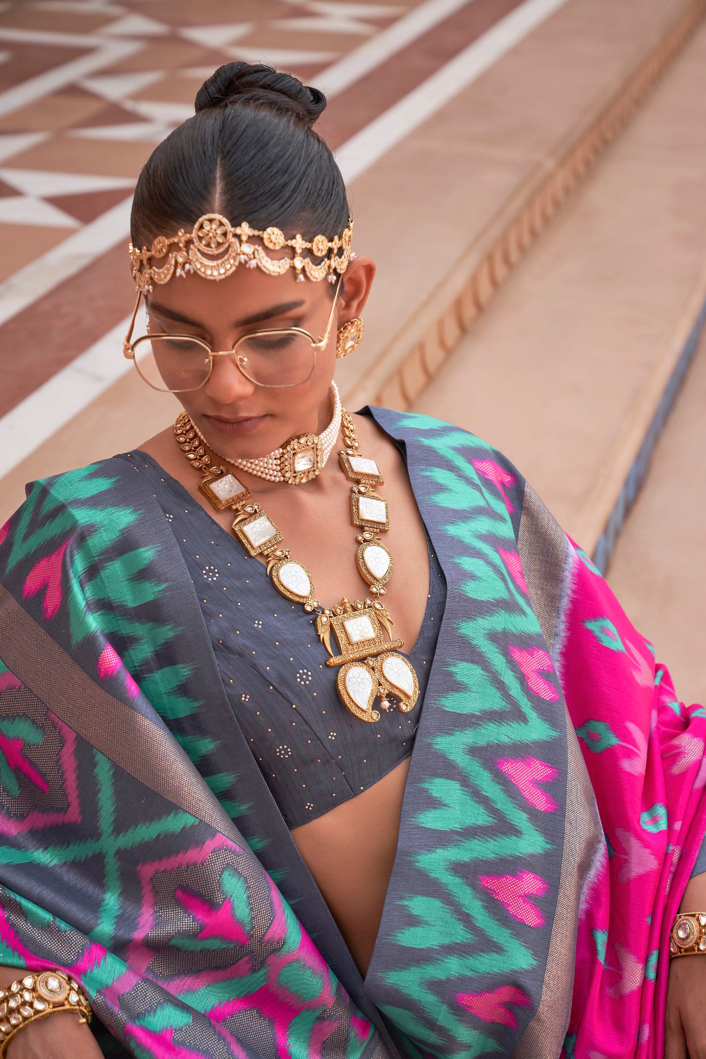 Pink & Grey Ikat Patola Design Saree with Contrast Blouse