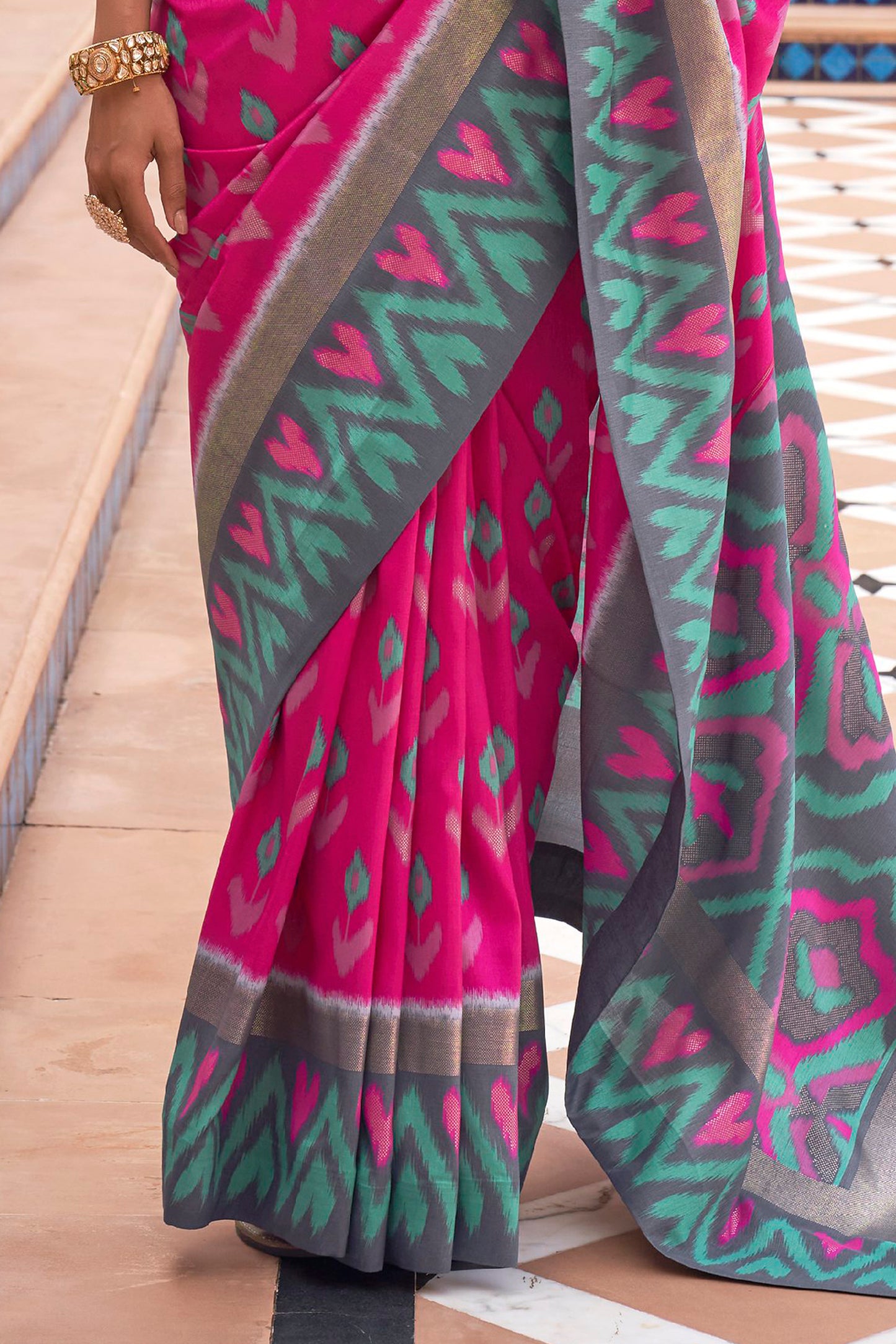 Pink & Grey Ikat Patola Design Saree with Contrast Blouse