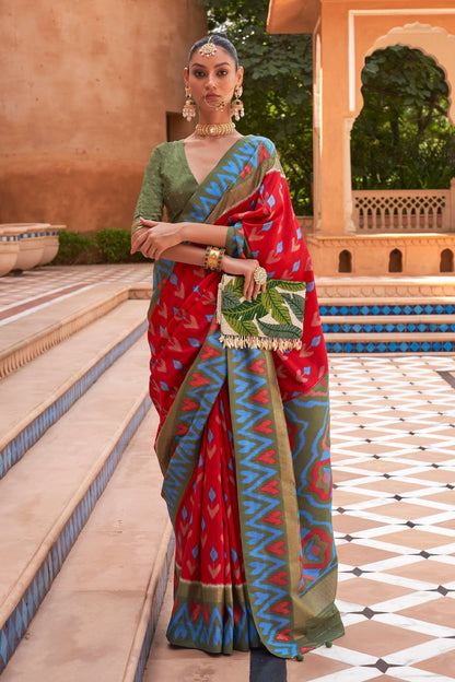 Red & Green Ikat Patola Design Saree with Contrast Blouse