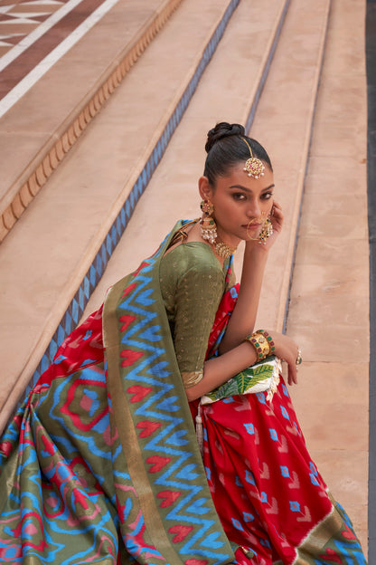 Red & Green Ikat Patola Design Saree with Contrast Blouse