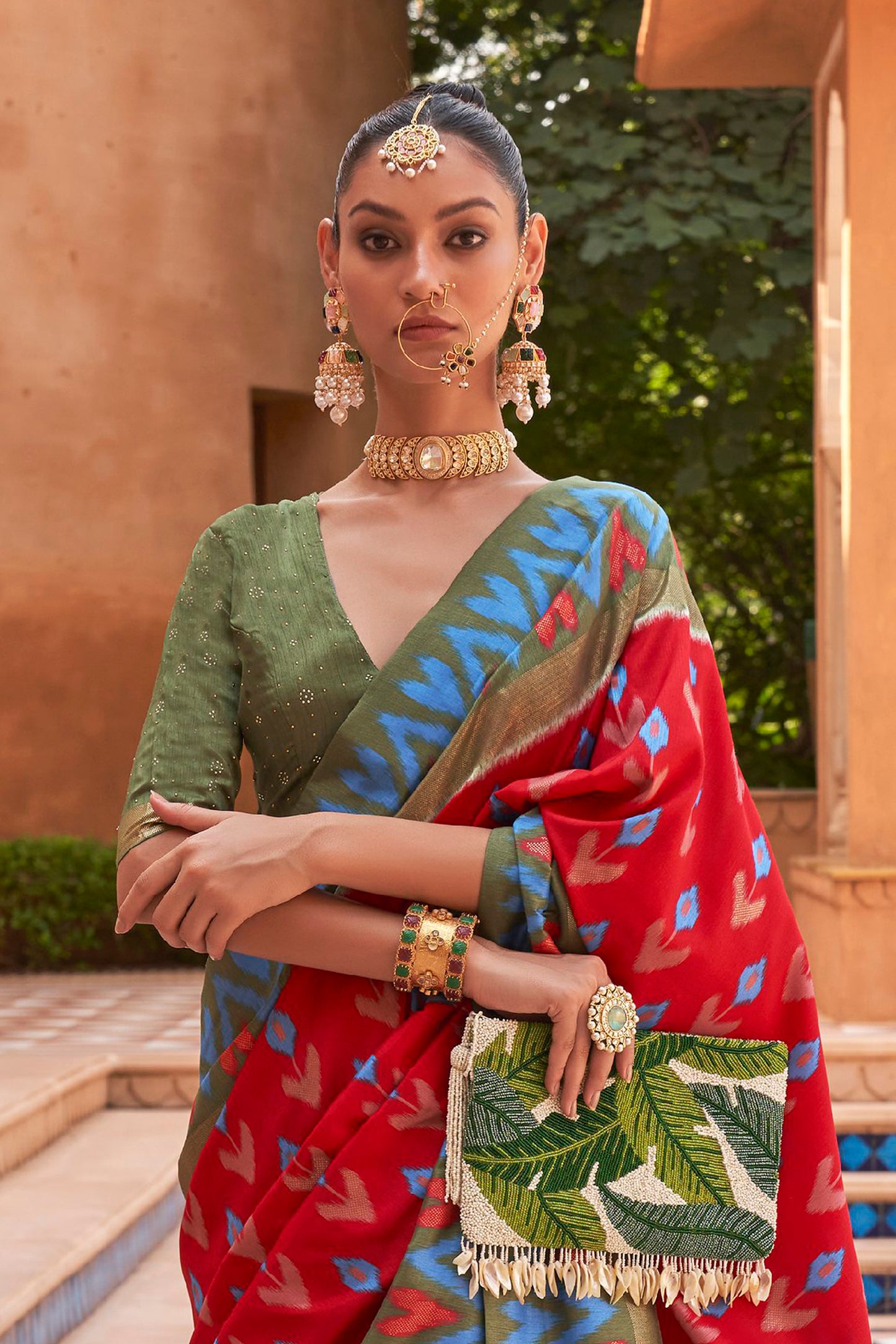 Red & Green Ikat Patola Design Saree with Contrast Blouse