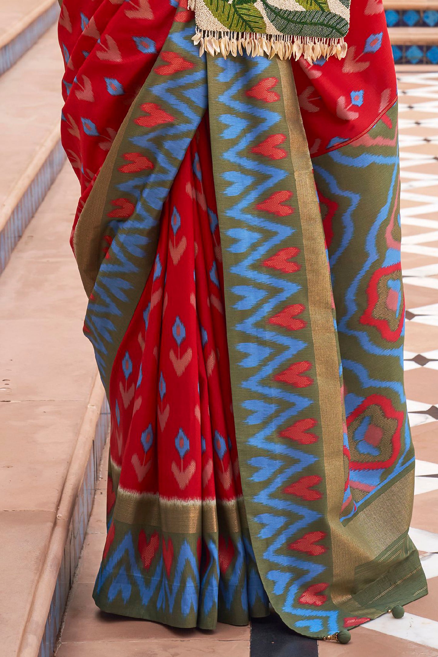 Red & Green Ikat Patola Design Saree with Contrast Blouse